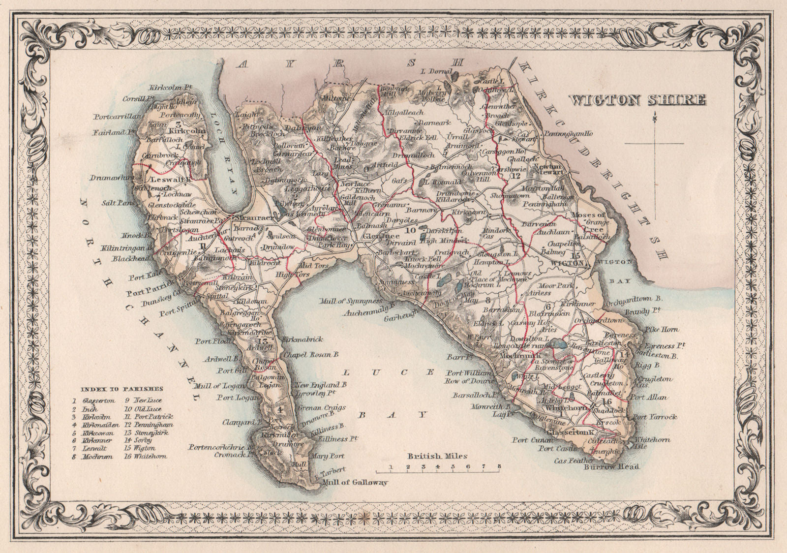 Decorative antique county map of Wigtonshire, Scotland. FULLARTON 1868 old